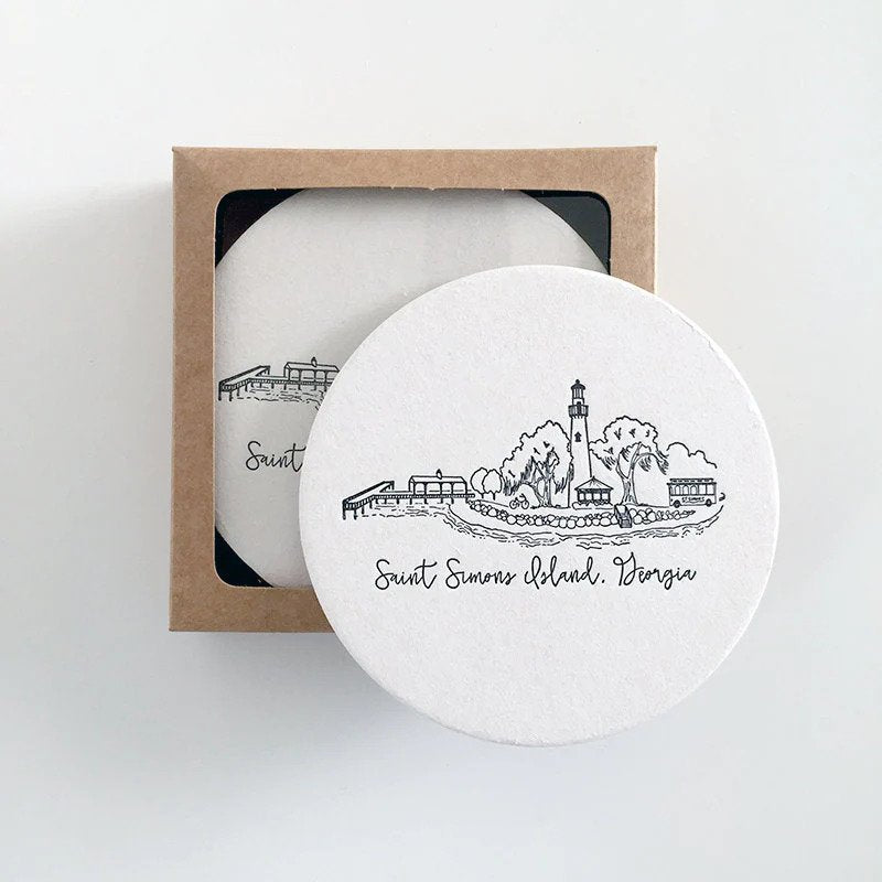 Saint Simons Island Skyline Letterpress Coasters